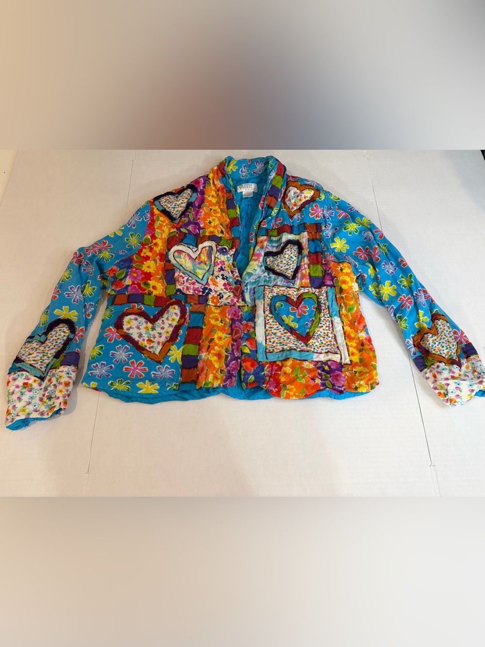 Vintage Colorful Patchwork Heart Floral Rayon Jacket Button Front XL